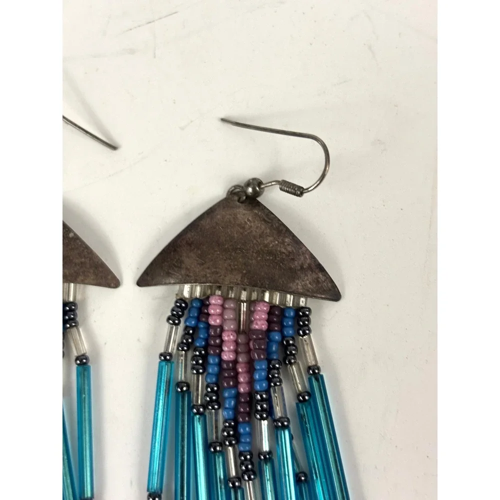 Vintage Southwestern Beaded Fringe Dangle Earrings Blue Glass‎ Tube Beads